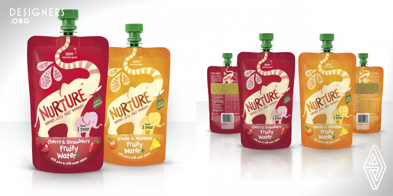Using the insight that hidden sugar in drinks is seen as the devil as a starting point, a proposition around creating a ‘drink that cares’ was the initial thinking behind the brand's redesign. The image of a mother elephant protecting her calf became a powerful emotive metaphor for the brand and how it cares about children – this character was given the name ‘Firsty’. By making the trunk transform into the straw a fun feel was added to the pack. The overall watercolour illustrative style reinforced the natural goodness to the brand. 