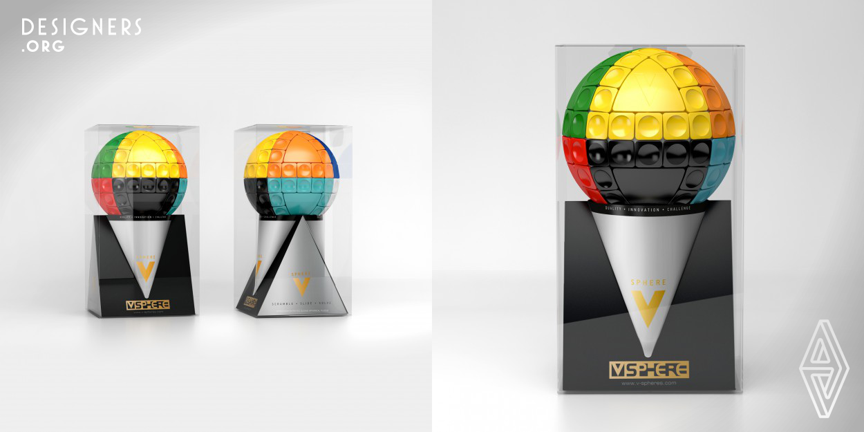 The brief was to Design a pack for a spherical puzzle. It had to be cost effective, to make the product visible as much as possible. The most difficult part was to keep the sphere visible and at the same time keep the sphere locked in place in order to avoid product movement during transportation and alter the product image. The solution was a premium - statue style - packaging consisting of a 2 piece paperboard base, a PET trasparent box and a vaccum part that could lock the sphere in to the box.