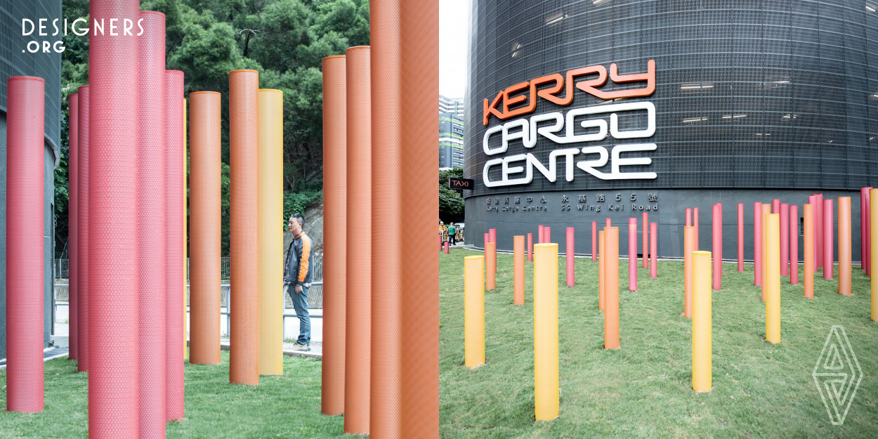 Bean Buro proposed an exterior art installation piece at the entrance of an industrial building, to strengthen its identity and legibility in the area. A flock of LED light columns clad in lightweight mesh coloured in a gradient from yellow to orange serve as a subtle reference to the company’s brand identity. The formation was an interpretation of envisaging the company's logistics activities and data. 