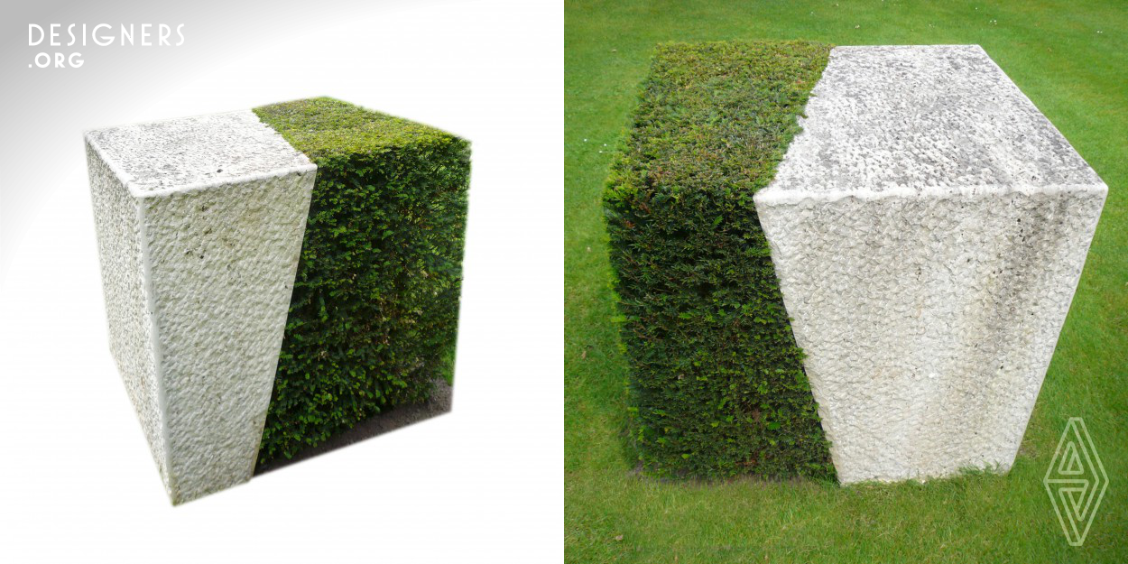 A maximum, minimalistic garden on a space of 130/130/130 cm. The European interpretation of Japanese Zen Gardens. Forming a cube with a pruned yew and a limestone. The joint between both is defined by an almost diagonal line through the cube. Two materials, plant and stone, a simple shape, following Mies van der Rohes claim:"Less is more". The sculpture moved from Germany to Armenia, where it is placed at the beginning of the Prince of Wales Avenue in the United World College in DILIJAN, ARMENIA.