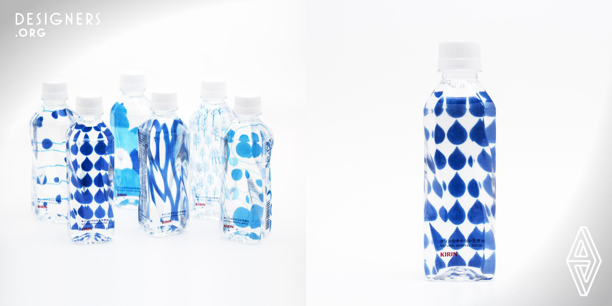 This is a bottled water product sold only on an e-commerce site.Thirty bottles which have 6 different types of design are assorted in a box. We made the water itself the protagonist of the design. One side of the bottle has the small product title only,so that the patterns of the back are seen through the “refraction of water”.  The patterns look differently according to the angle.Such effect increases the presence of natural water itself and the water looks more delicious through the bottle.