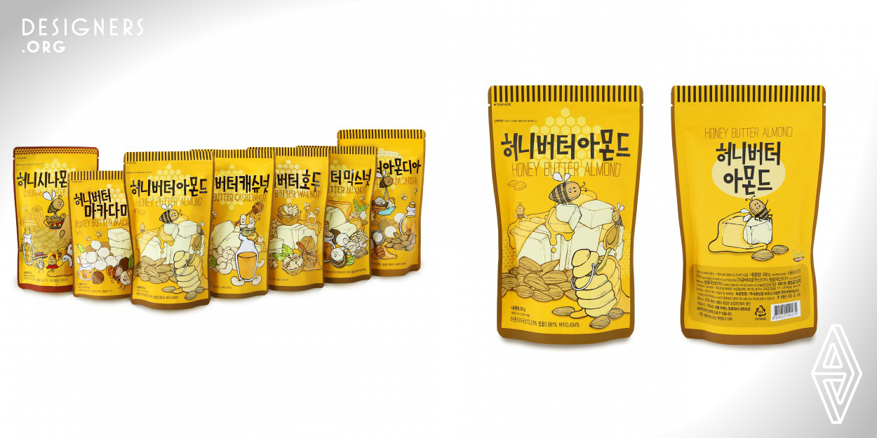Yang Jung Eun designer designed the Nuts Snack Series packages for her client Gilim, a nuts company. The packages are illustration-driven design in order to provide customers an idea about the taste of the products to help their purchase. The designer made the nuts characterized and composed a fun composition with the material image as an illustration. And she did a graphic work and title lettering with computer programs. The Nut Snack Series was the first design in the nuts product to be tried with illustrations only and it has quickly become one of the most popular products in Korea.