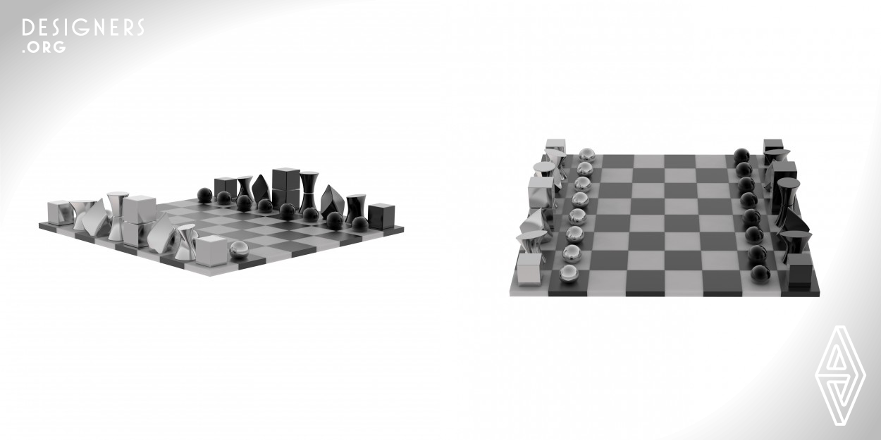 Chess derived from the philosophy of intuition. The shape of each chess pieces based on its characters. Rook: A pure logic takes place in the form of cubes stagnation. In stark contrast to the bishop. Bishop : who have worn the robe expect miracles. Knight : a form that derived from rebellion of horse. King: reason of the game, with exaggerating the logic and beauty. Queen : a form derived from elegance and power. Pawn : always ready for battle, based on fluidity of sphere. 