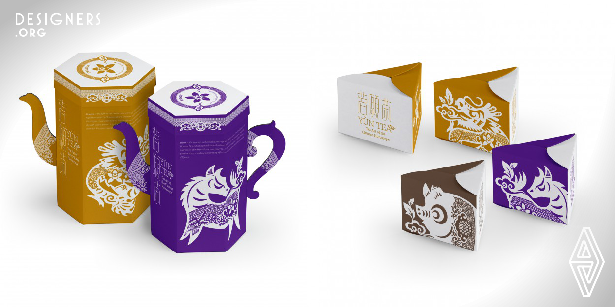 This tea collection design incorporates the concept of Chinese zodiac and horoscopes with a bilingual brand identity, that helps to promote this Chinese cultural tradition to the worldwide people through a different approach and tone of voice. The graphic style of western chinoiserie willow pattern has been manipulated with the eastern Chinese papercutting zodiac character, that creating a visual identity which is related to tea and zodiac lucky flower.