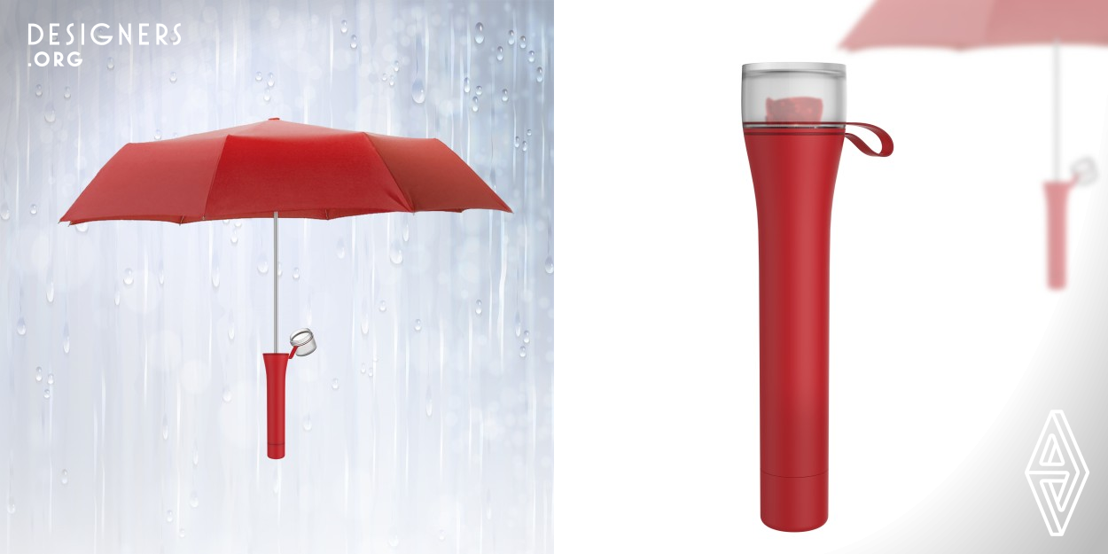 Combine the case, which is easy to be lost, with the shape of handle in design. The lengthened handle is more ergonomic and comfortable to be held. The integration design helps users to fold the umbrella in to handle, close the cap to avoid the water wetting clothes and floor. Water collected in the case can be used to water flowers at home. Only a piece a cake expresses the positive attitude of life.