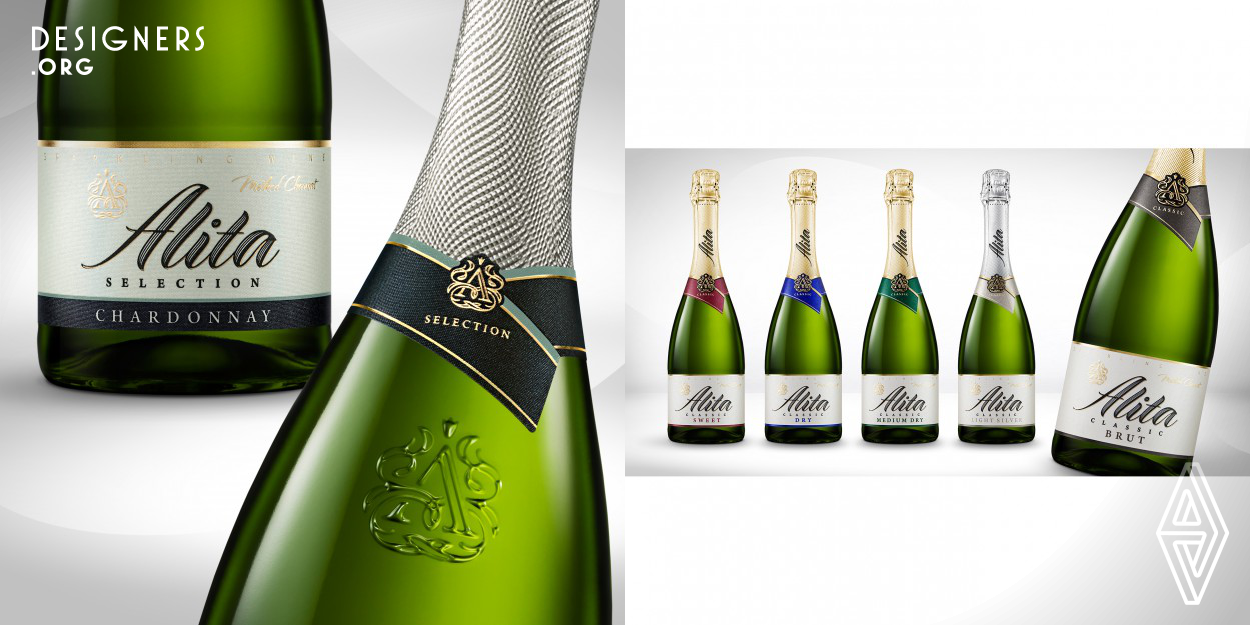 The main goal of the redesign is to increase the overall brand awareness and highlight the distinctive features such as classical production methods, raw materials and quality. The complete rebranding of ALITA includes a new bottle, renewed logo, monograph, capsule and label design. The products now have more elements specific to the category of sparkling wine and champagne with an introduction of a light classical touch and some solidity but retaining overall a rather modern and light feel.