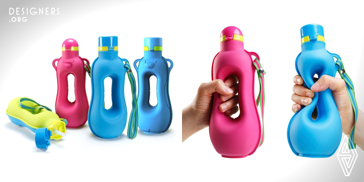 Happy Aquarius is a safe and good grip water bottle for all ages. It has a smooth smiling curvature shape designed and eye-catching double sided colors appearance, presenting a sense of young, energetic and fashionable. Made by 100 % recyclable food grade silicone, sustaining temperature range form 220 deg. C to -40 deg. C, no plasticizer leached out and is BPA free. The soft touch surface coating provides silky feel, nice in hold and grip. Springiness, elasticity and the hollow structure feature enable the bottle to work-out as hand gripper as well as light-weight dumbbell.