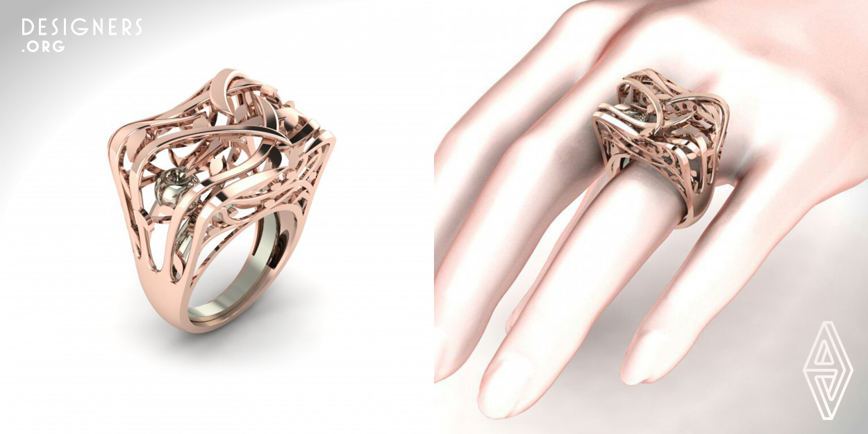 This ring is not merely educational. It is reminiscent of the falling apple and Newton's discovery of gravity that changed the world around him. Designing this ring is aimed on an invitation to thought . Apple is among the skirts of ring and inside white rings that rotate 360 degrees shows apple falling from the tree. 