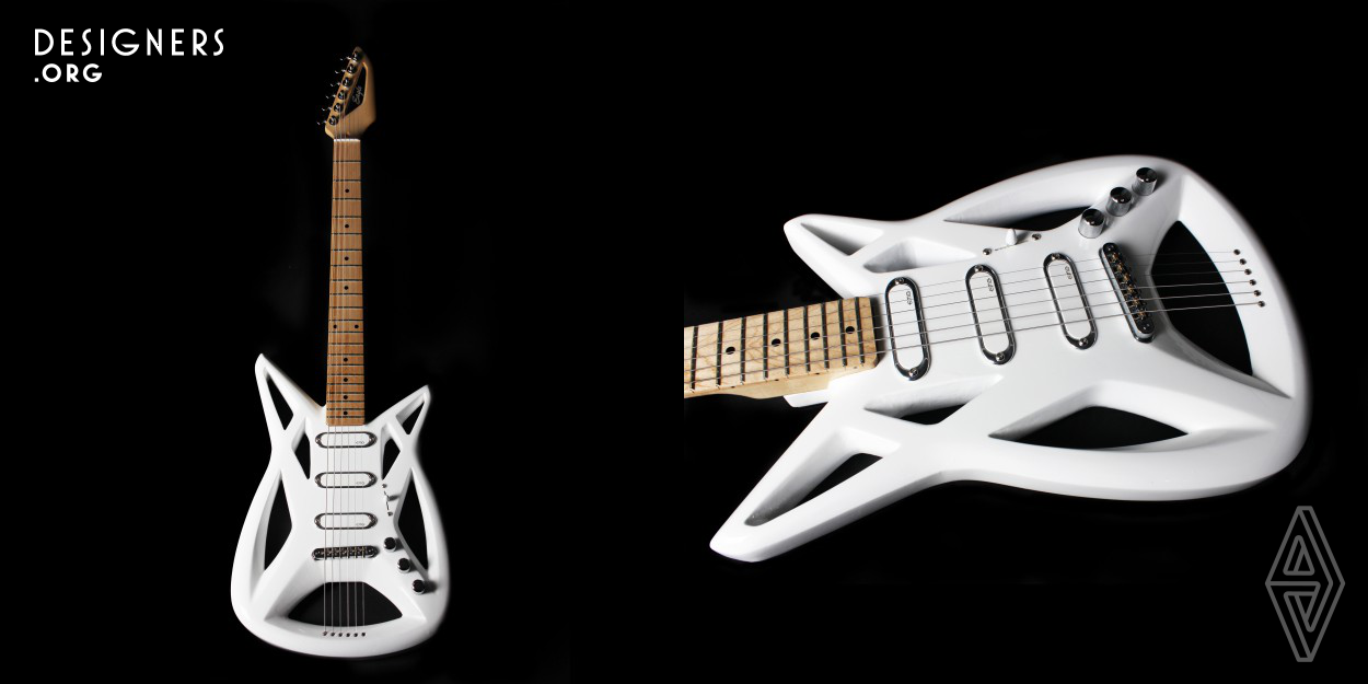 The Eagle presents a new electric guitar concept based on a lightweight, futuristic and sculptural design with a new design language inspired by the Streamline and the Organic design philosophies. Form and function united in a whole entity with balanced proportions, interweaved volumes and elegant lines with sense of flow and speed. Probably one of the most lightweight electric guitars in the actual market. 