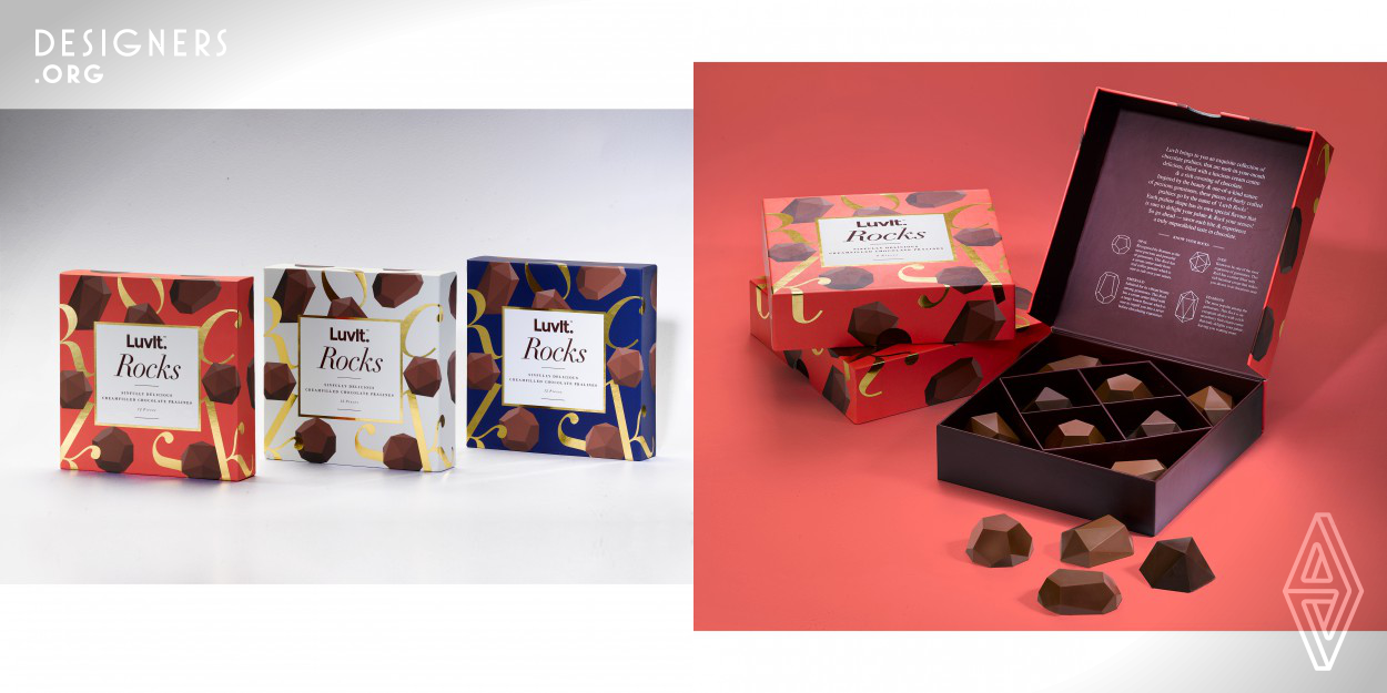 LuvIt is an Indian youth-based chocolate brand. For their praline collection, they wished to target young adults, as the existing praline buyers were middle-aged customers. The studio focuses on balancing trendy youth sensibilities while retaining the sophistication of pralines. Custom praline shapes were designed & branded as LuvIt Rocks — a tongue-in-cheek pun suggesting good taste alongside it's gemstone-like shapes. A custom typographic brand pattern with gold foiled letters was created that playfully envelopes the box. The box comes in 3 vibrant colours to choose from. 