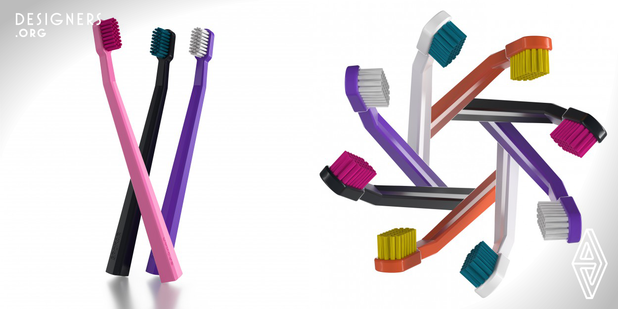The design of the toothbrush is based on elaborate ergonomics for holding the brush in the hand, which considerably improved the availability of head movement at various angles during toothbrushing. The quality of the product is supported by the use of fine antibacterial fibers that abate irritation of the gum. The entire series is distinguished in several contrasting and colors.