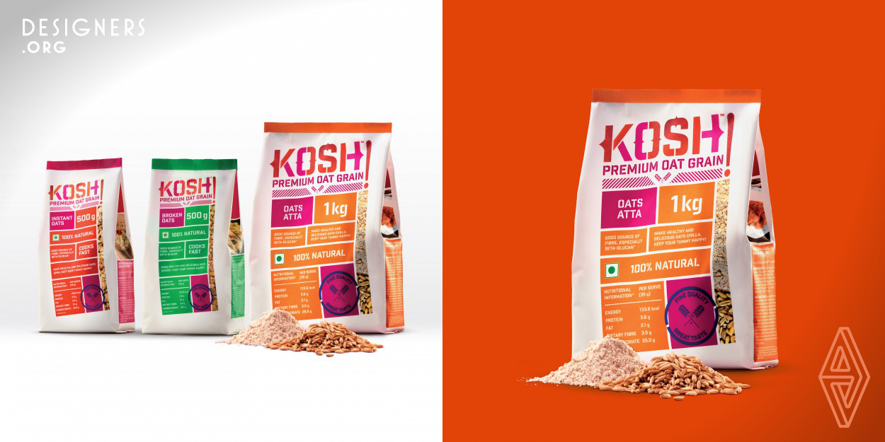 Kosh! is a newly launched Indian oats brand by Future Consumer that aims to establish itself as India's 3rd grain after rice & wheat. For the packaging, the studio drew inspiration from Indian street typography & vintage industrial wholesale packaging, reimagining it in a modern context to establish a grass-root familiarity towards an unfamiliar grain. The concept adopts a fresh approach towards transparency by flipping conventional food package formats & bringing helpful nutritional information often lost in the fine print of the back-of-pack to the forefront.