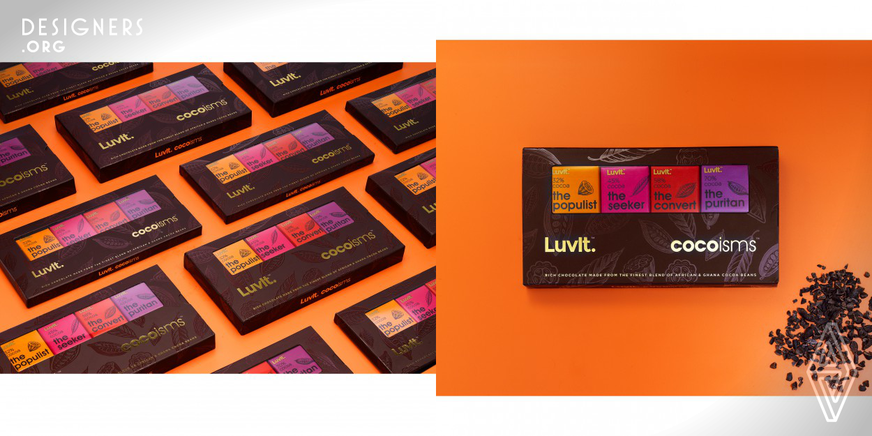 LuvIt Cocoisms is a range of Neapolitan chocolates from LuvIt, designed as a tasting palette of 4 distinct flavors based on increasing levels of cocoa content: milk, semi-sweet, bitter-sweet & dark. The concept aims to evoke curiosity among the Indian youth to explore beyond standard milk chocolate. Cocoisms is an initiation into the art of cocoa tasting, exploring increased cocoa in one's chocolate. Four playful personalities were assigned for each increase in cocoa content, starting with the Populist for the sweetest/lowest in cocoa & finishing with the Puritan for the highest.