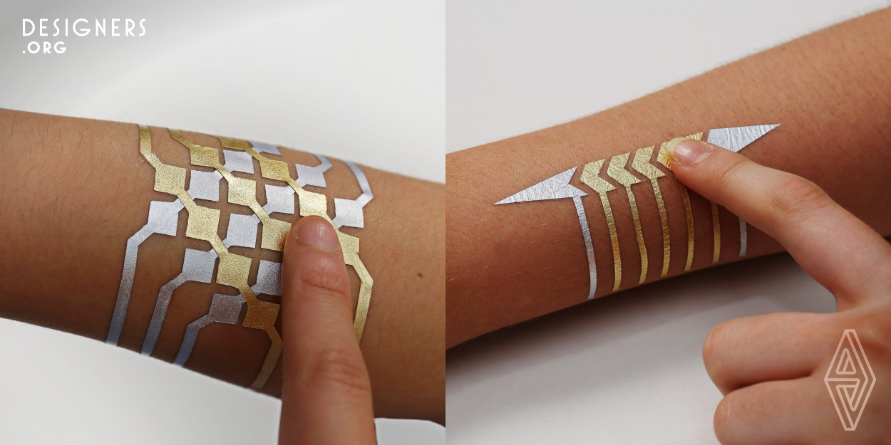 DuoSkin is a fabrication process that enables anyone to create customized functional devices that can be attached directly on their skin. Using gold metal leaf, a material that is cheap, skin-friendly, and robust for everyday wear, we demonstrate three types of on-skin interfaces: sensing touch input, displaying output, and wireless communication. DuoSkin devices enable users to control their mobile devices and display information on their skin while serving as a statement of personal style.
