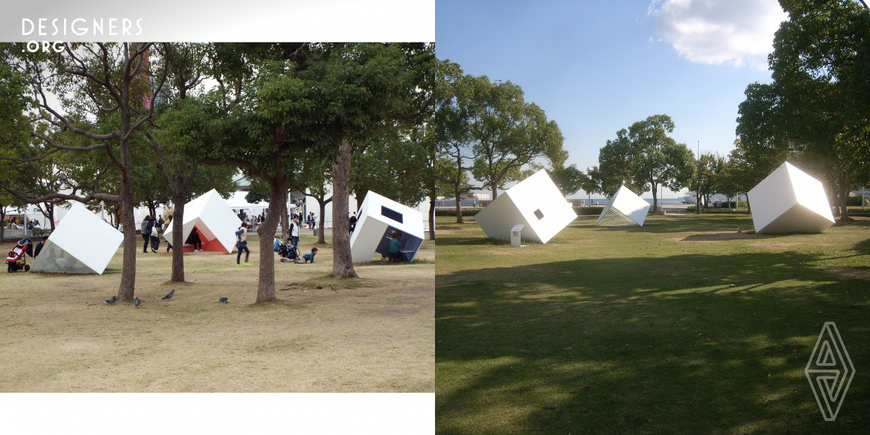 Three cubes are the device with the various properties and functions (playground equipment for children, public furniture, art objects, meditation rooms, arbors, small rest spaces, waiting rooms, chairs with roofs), and can bring people fresh spactial experiences. Three cubes can be transport by a truck easily, because of the size and the shape. In terms of the size, the installation (the inclination), seat surfaces, windows etc., each cube is designed characteristically. Three cubes are referenced to Japanese traditional minimum spaces like tea ceremony rooms, with variability and mobility.