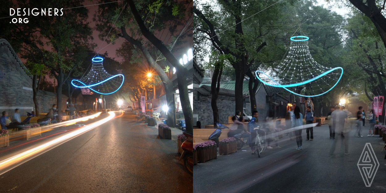 ResoNet Baitasi is an interactive light sculpture exhibited in the Baitasi hutong district during Beijing Design Week in 2015, which illuminates the public realm in response to vibration stimuli. Designed by Creative Prototyping Unit, a team made up of multidisciplinary designers, ResoNet takes its name from the combination of resonance and network. The showcased product is an evolution of the competition winning entry for Designboom Bright LED in 2007, which was realised at FRED 07 art festival in the UK.