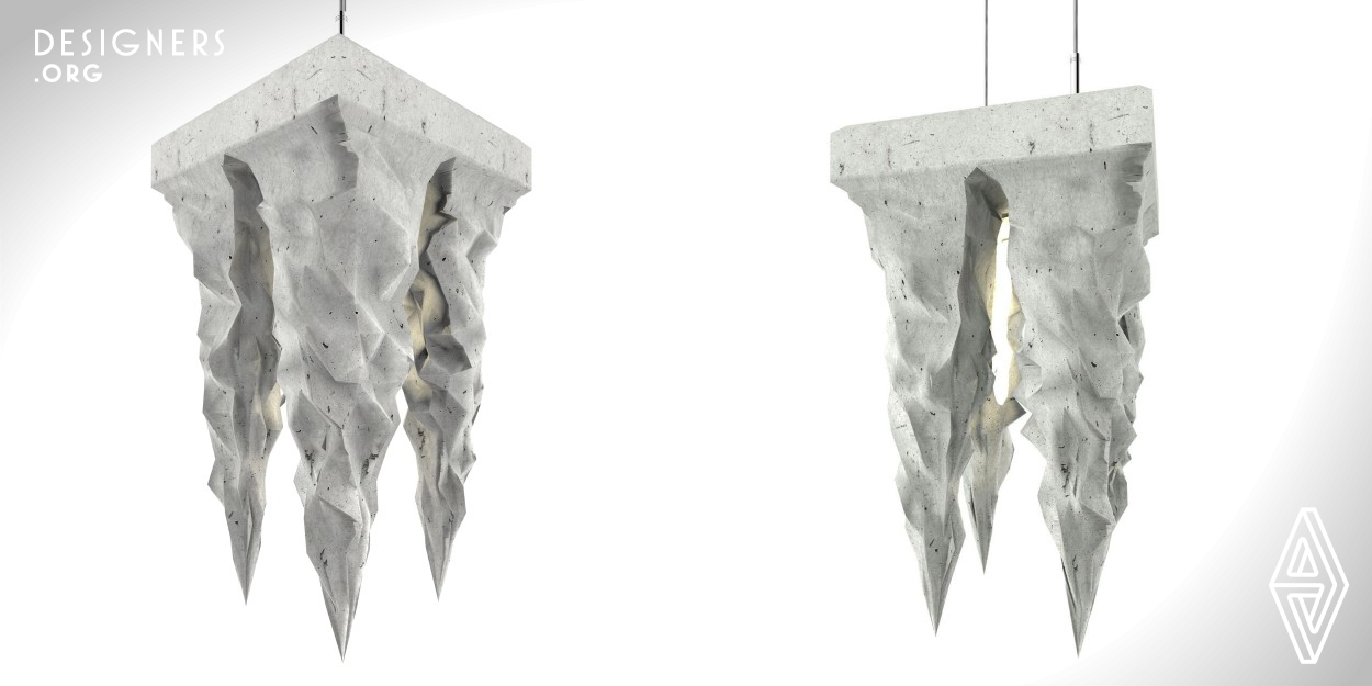 Research in this project was mainly on designing a lighting that changes people’s atmosphere and make particular emotion, it is inspired by nature and icicle that combines the spaces in nature with the spaces of internal interior modern homes. Plus the users will be able to imagine themselves in the pure nature. Concrete has been considered in this product, the combination of firm concrete and soft light caused a kind of complimentary contrast that can be found in the nature and the result is the sensation and presence in the nature. 