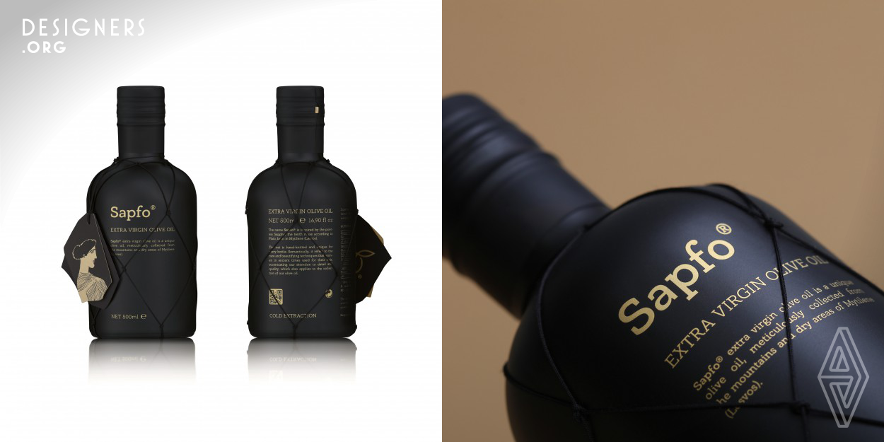 The design is inspired by the name of the product, Sapfo, the tenth muse according to Plato, who was born in Mytilene (Lesvos). A hand-knitted net wraps every bottle, reminding the beautifying techniques that women in ancient times used for their hair and acting as a semantic reference to care and attention to detail. The packaging includes a tag, with a shape resembling that of ancient pottery pieces.