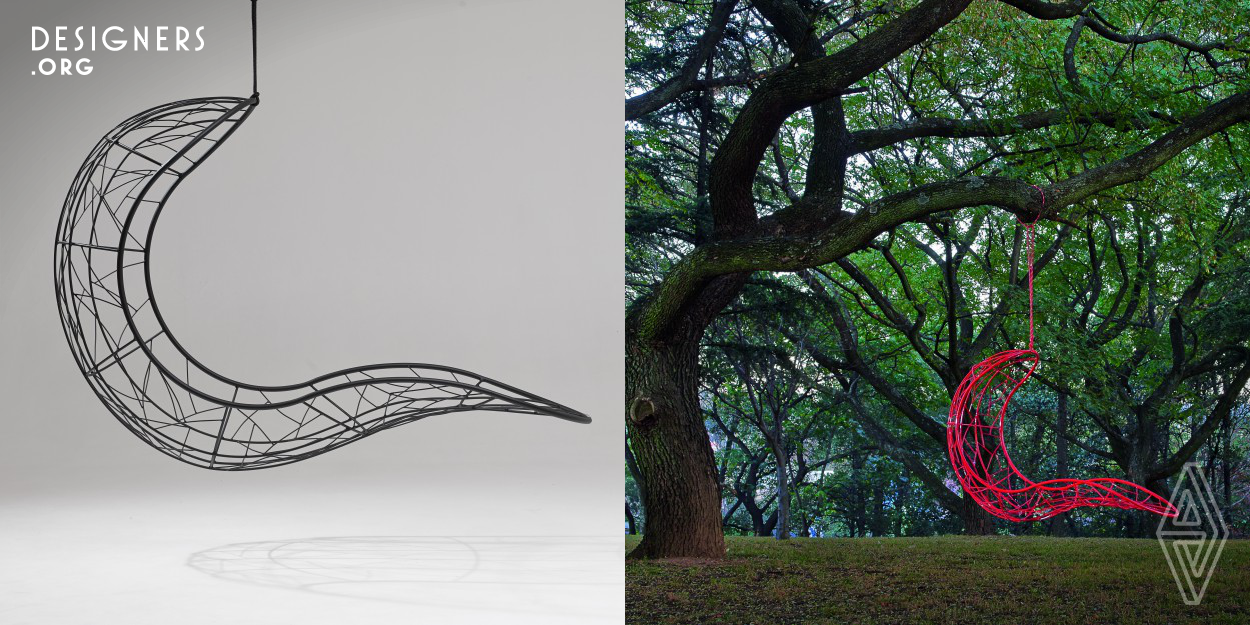 The Studio Stirling RECLINER hanging swing chair has elegantly curved lines & is sculptural and dynamic with a considered balance point. Fluid & organic, it lends itself for use as a functional art piece. It's gentle movement gives a floating experience with panoramic views of the surroundings. Nature inspired the pattern detailing reminiscent of the veins in leaves, tree branches intersecting & patterns in dragonfly wings. It is extremely comfortable & has a cozy cocoon like feel that embraces your body and soul.