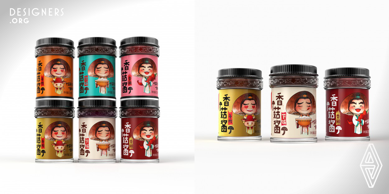 This is a packaging design for mushroom sauce. The brand’s name ShiSanCun, comes from a Chinese historic story of The Three Kingdoms Period, with rich culture features. With that, we created Three Kingdoms Mushroom Man. Exclusive cartoon figure, adorable funny faces, trendy color application and font, all of these elements present mushroom sauce a product image.