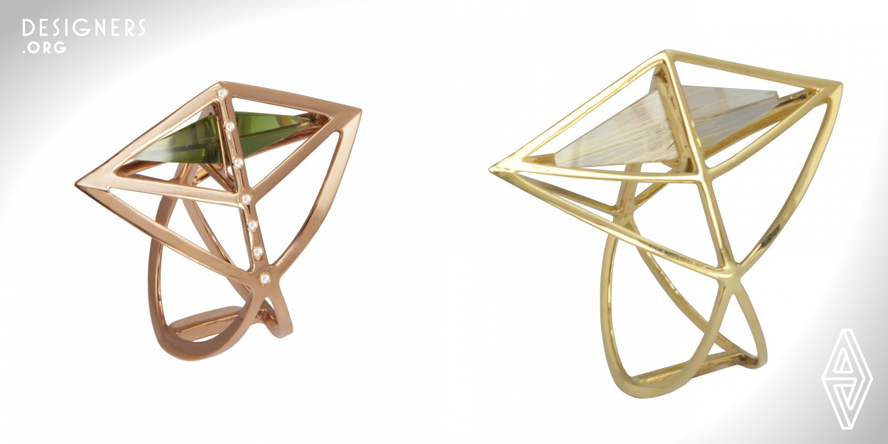 The objective of this design was to integrate the sharp lines of the tetrahedron form to the organic shape of the human finger while still retaining the essence of this geometric shape. This was achieved by creating a complex non-linear geometry that remains simple in appearance. This sharpness was extrapolated by making most complimentary elements of the ring triangular in section, including the green tourmaline at its centre. The result is a visually striking yet ergonomic ring.