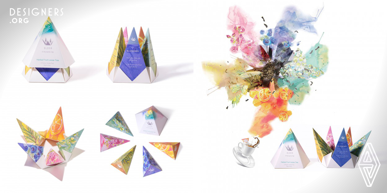 
This is a packaging series for floral tea. Using the concept of “bloom”, they imitate the flower in both shapes and graphics. These packages do not only consider the function and transportation demands, but also care about the emotional requirement when customers using these products. It presents comfortable and relaxed feelings which are brought to people by tea and give users more imagination and inspiration. 
