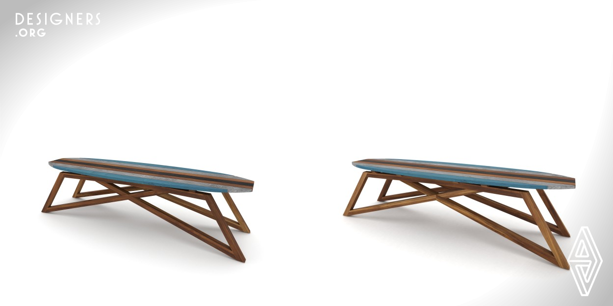 Surfwave is a freestanding two-seater outdoor bench. Its design is inspired on the iconic square nose surfboards. It represents the shape of a square nose surfboard on a wooden pier. The top surface features an arrange of colorful stained and natural wooden rails, mounted on a solid wood base frame. Surfwave is protected against UV and moisture, due to an epoxy resin coating.