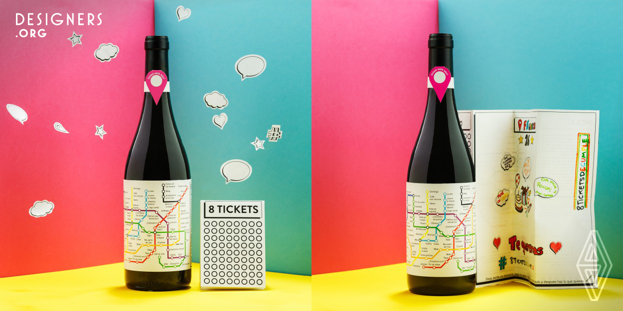 8 Tickets presents a visual code unlinked from its common use to generate attraction on the client. For this, the metro lines show, through the stops of each of them, different contexts and situations in which the product can be consumed. In order to build and reinforce the consumer’s experience, it includes a ludic dynamics that allows the user to keep the memory of the comsuption through their interaction with it.