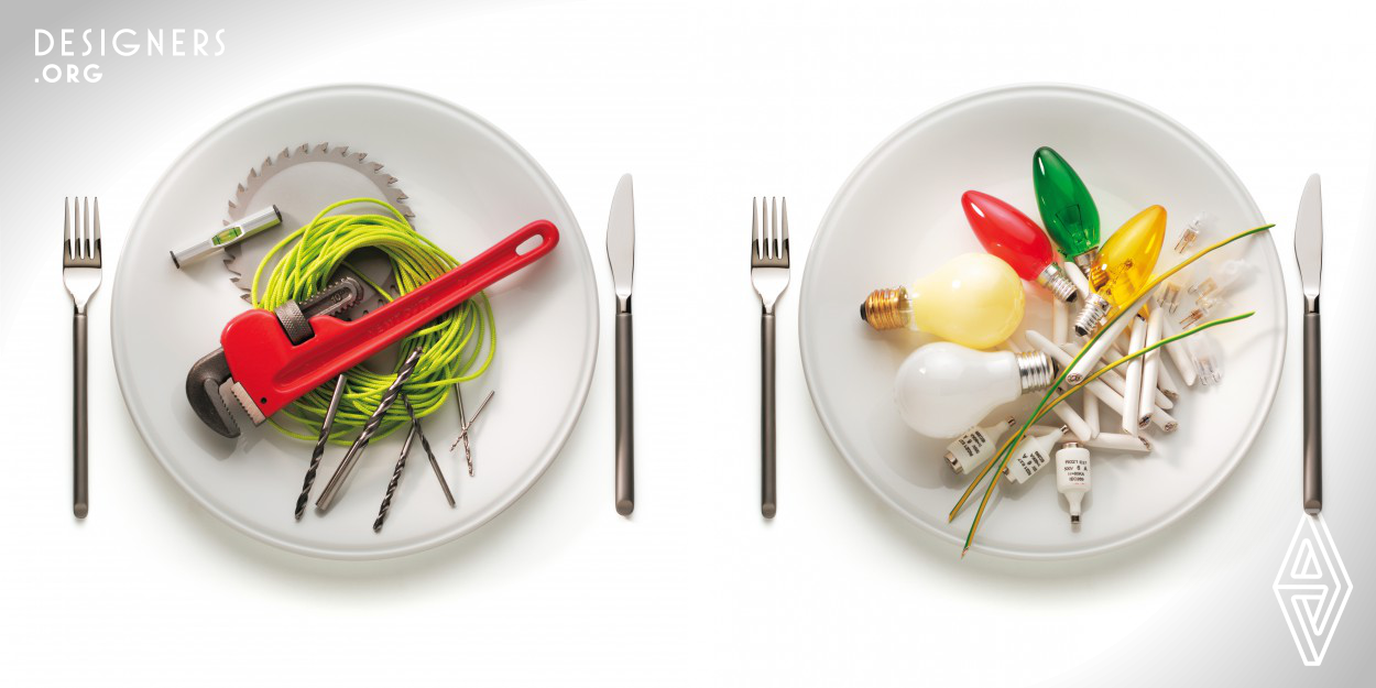 To demonstrate different departments of the hardware store Didyk Pictures came up with the idea to present them as several plates with different hardware objects on top of them, served in a restaurant manner. White background and white dishes help to accentuate the served objects and make it easier for store visitors to find a certain department. The images were also used on 6x3 meter billboards and posters in public transport all over Estonia.  A white background and a simple composition allow this ad message to be perceived even by a person in a passing by car.