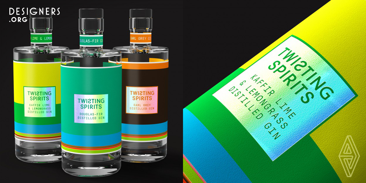 Twisting Spirits are IT geeks turned gin geeks, inspired by their data-driven background Lyon & Lyon wanted to apply it to the often traditional world of gin. TS's gins have very distinctive flavours, L&L ensured the consumer could experience each flavour before tasting it, by open sourcing their ingredient data. The labels are a result of representing every ingredient as a coloured bar, the more of it the bigger the bar. Each flavour is printed onto its own tactile embossed GFSmith Colorplan, so it feels like it tastes.