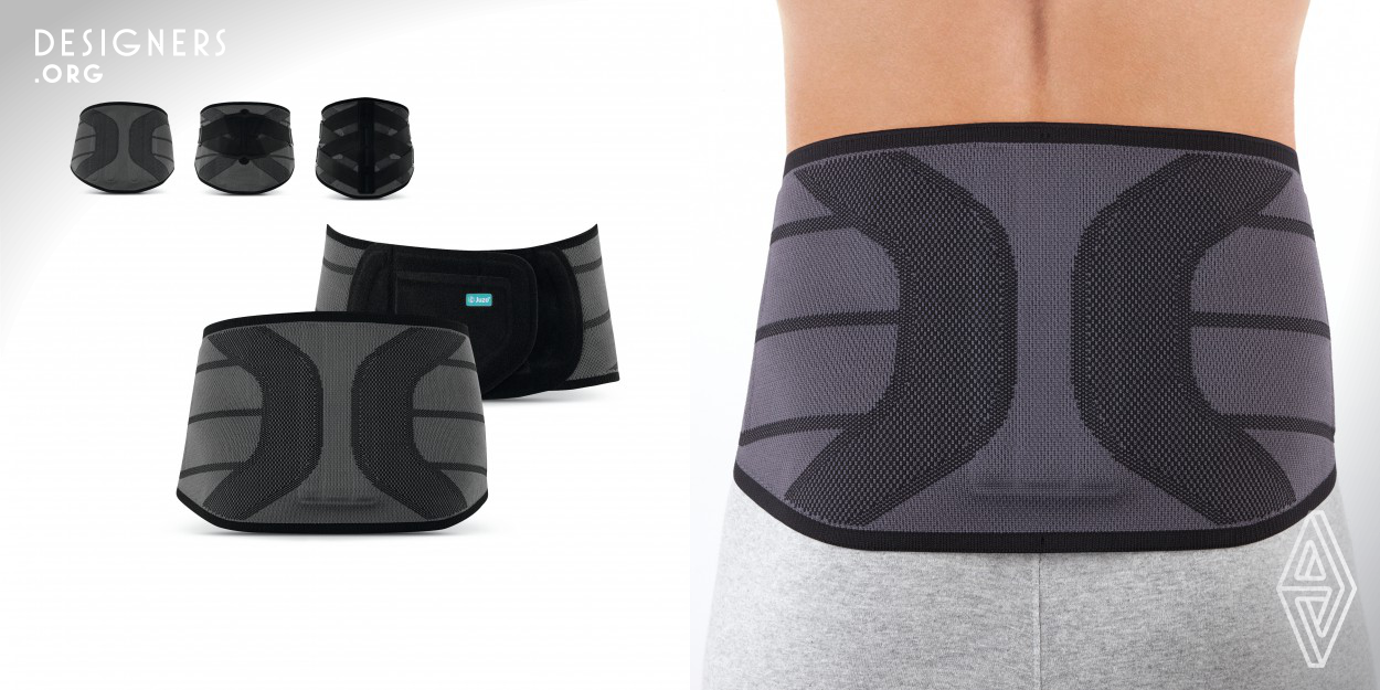 The orthoses of the JuzoPro Lumbal series have a stabilising and pain-relieving effect in patients with issues in the lumbar spine. Furthermore, a sacral pad provides additional relief at the transition from the sacrum to the lumbar spine. The pad features frictional nubs to loosen the hardened muscle tissue. They increase blood flow and provide a massaging effect. The particularly elastic and breathable knitted fabric and the specifically developed fastening mechanism ensure an optimal fit.