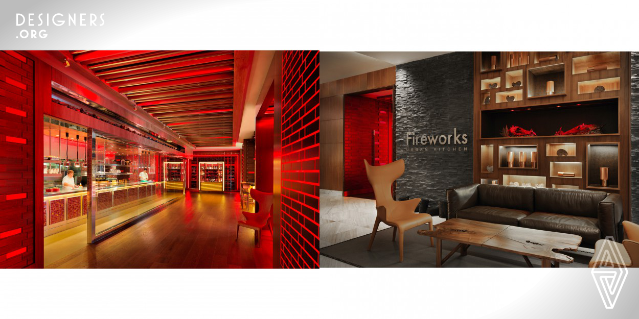 Fireworks is designed to provide an alternative take on the classic steakhouse. This intriguing restaurant and bar concept take visitors into a surreal universe celebrating the fire as source of warmth, protection and good grilled food. The entire space is a complete kinetic art installation where wall bricks glow like embers, smoke comes from the kitchen area, and every 30 minutes lighting strikes appear pulsing from the bar counter and from within cracks in the ceiling. This is a place high in symbolism, aesthetic drama, sensory stimulation and taste sensations: fireworks for the senses.