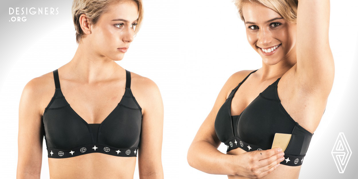 The Travel Bra has a patented drop-down mesh pocket that stores cash and even stretches to take a passport. It folds up under the band when not in use. It has a side mesh stretch sleeve that takes a credit card or hotel room key. It has mini-pockets integrated into the shoulder straps for jewelry or scan card. Extra storage is available under the cups for storing more cash. In one version it has a front pocket for storing lipstick. The Travel Bra has no underwire, is ant-odor treated and super soft.