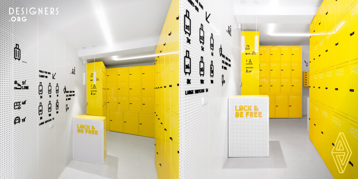 Lock & Be Free has opened its first store in the center of Madrid. The challenge was to shape the brand concept, Leave your luggage, live the city, and rejuvenate the image of the old and cliche lockers. The universe of the brand and its interior design scheme combines highly topical colors and materials: white peg boards, yellow lockers flanked by a circular font, a typical airport rubber floor and a set of lights transmitting positive energy. The matte and glossy materials achieve the desired bulky look to an small space, only 30 m2.