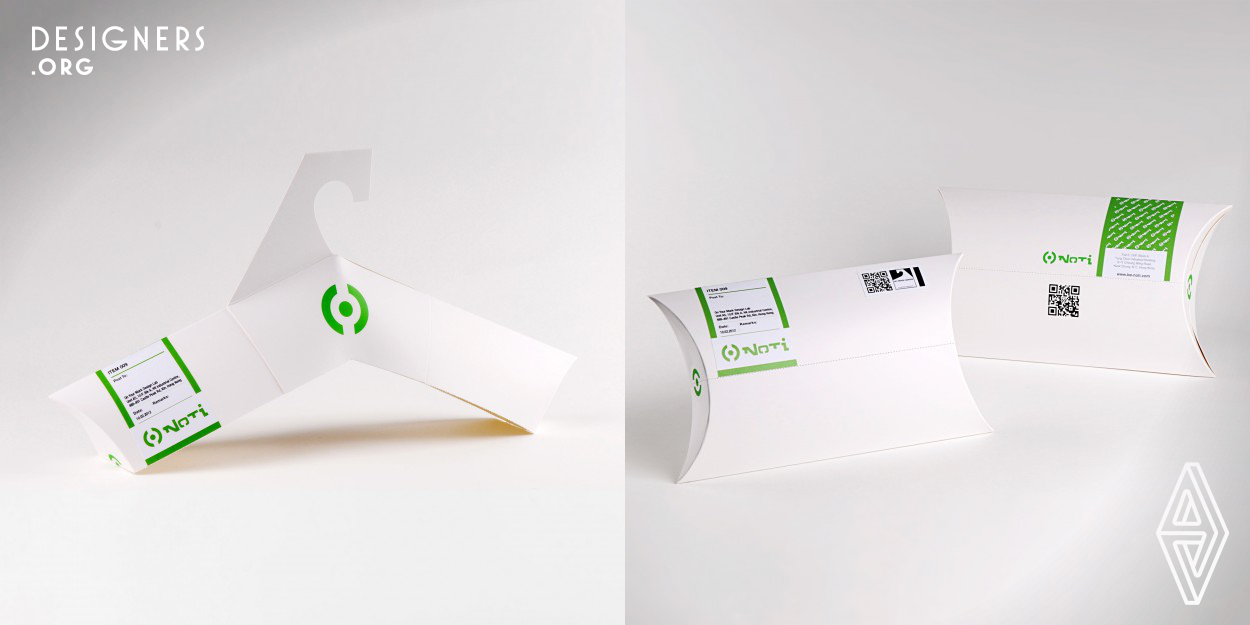 Noti is a fashion label encourages new thinking and new creativity for a green future. An apple-pie shape tee packaging had been created for parcel post and shipping. Customer could also DIY to transform the T-shirt packaging into an eco-friendly hanger after receiving the parcel via Noti official e-commerce website.