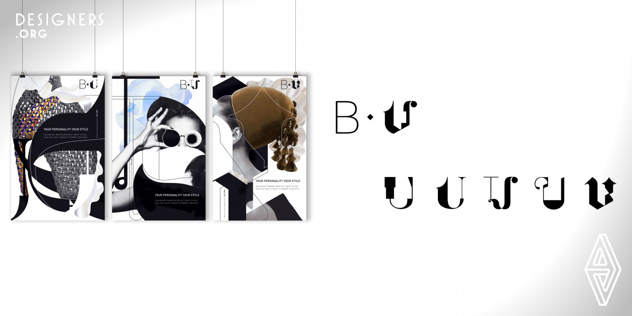 B-U is an awareness campaign composed by logo, posters, mail-outs, banner, and website. Created by Yu Feng, the concept is to encourage people to follow their own style by empowering individualities. The project utilizes a system based on remixing and collaging pieces together, referencing what is unique about each one of us. For example on the B-U logo the U will change randomly between 5 different 'U'. On the booklet, the design lets people create their own version of the U by flipping pages, etc. Yu approaches a modern design which unites to one concept - Your Personality, Your Style.