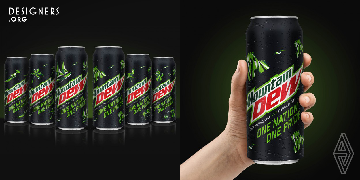 A special edition can for Mountain Dew was to be released in honour of Oman’s 45th National Day. Mountain Dew, a brand by PepsiCo, and Oman’s number one drink, is characterised by its bold attitude, its daring persona, and its passion for adrenaline-inducing sports and activities. With a character as rich as this one, we set to work in order to capitalise on this persona, emphasising its essence as it celebrates this special day. The result, Mountain Dew has definitely channeled its inner sense of pride by staying true to its character as it joins the celebration with its people. 