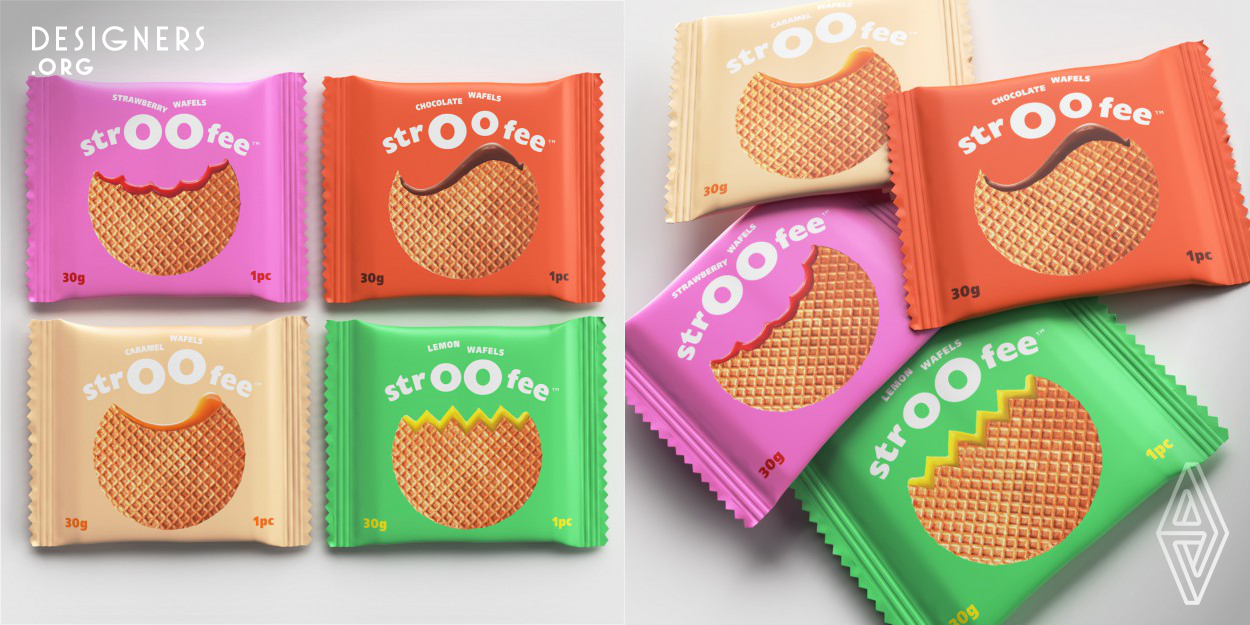 A new stroop waffle brand was to hit the market, aiming to capture a wide range of audience with its playful and bold personality, and its wide range of flavours. In the age of communication packaging, this new brand was positioned to steer adults to explore their inner playfulness. With the created name playing the role of sounding like an entertainer brand, the rest of the packaging presented a new take on the universal language of emotions and characters, making the visuals represent the flavour in an engaging manner that instantly resonates with the feeling you get out of each flavour.