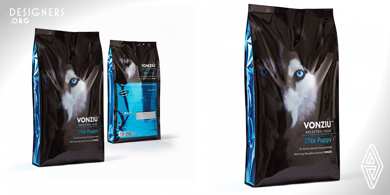 The brief was to create a stunning range of dog food packaging which would not only have a strong shelf presence among the vast variety of pet food brands, but would have a hypnotic indulgent appeal. The answer...to create a stunningly simplistic, clean, yet sophisticated design with the ancestral wolf as it’s core symbol for the new range. The wolf, emerging out from the dark shadows with iridescent, penetrating eyes is the focus of the branding. The eyes on each pack in the range were colour-coded to differentiate the variety.