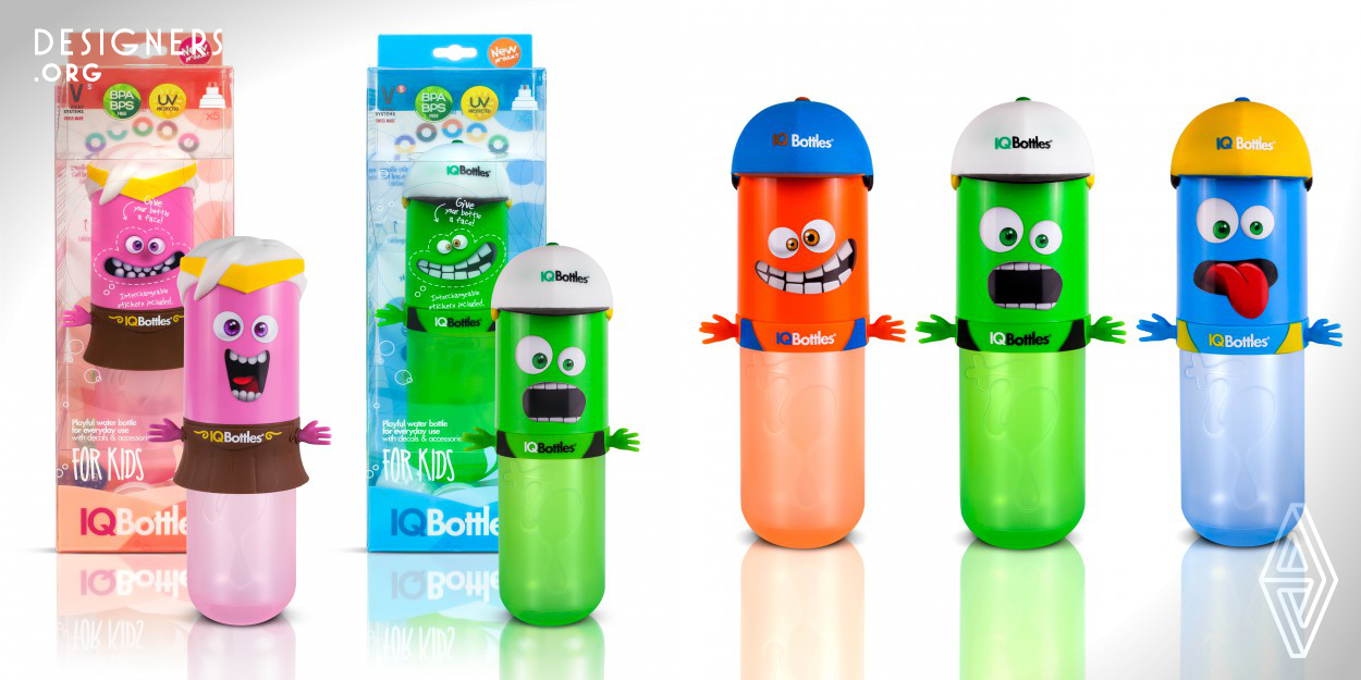 IQBottles is a modern smart product suitable for everyday use, not only for drinking but also for playing. The bottles are designed to improve the children's attitude to a drinking regime in a playful way. Children use their own creativity to assemble the final appearance of the bottle by combining replaceable components such as hair/caps, stickers, hands/skirts. The body of the bottle and caps are available in different colors.