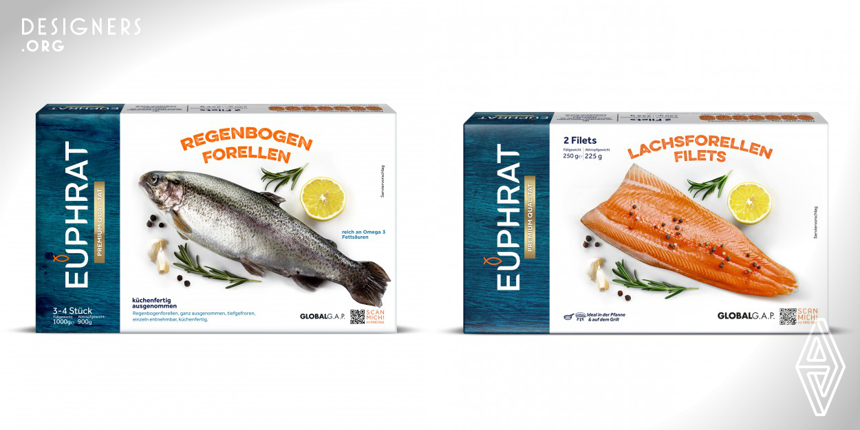 Fish visuals decorated with garnitures were located at the center. Logo was redesigned with a modern font and a fish figure was used above the “U” for “packed fish” message. A wood texture was preferred to refer marinas’ blue-white concept.Naturalness, appetite appeal and perception were the themes of this packaging design. At the transporting of boxes from cold chain to market shelves there can be some deformations on the boxes such as wetness, humidity and softening with instant heat changes. The box was designed it to be laminated with a different material to avoid that problem.