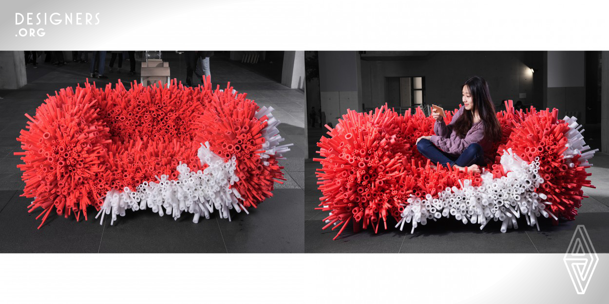 In this project, what I mainly focus on is the visual tension. What I want to do is think outside the box of a sofa, and made a strong visual impact by combining two very contrast things, the shape of traditional sofa and the pompous figure of anemone.Under the sea, the anemone is the protector of the fish, but when we enlarged the scale it let people felt afraid and have the meaning of defense. The characteristic of the PU tube made a contrast between the feeling you sitting on it and the visual impression. The couch coat the user gently and softly just like the anemone protect the fish.