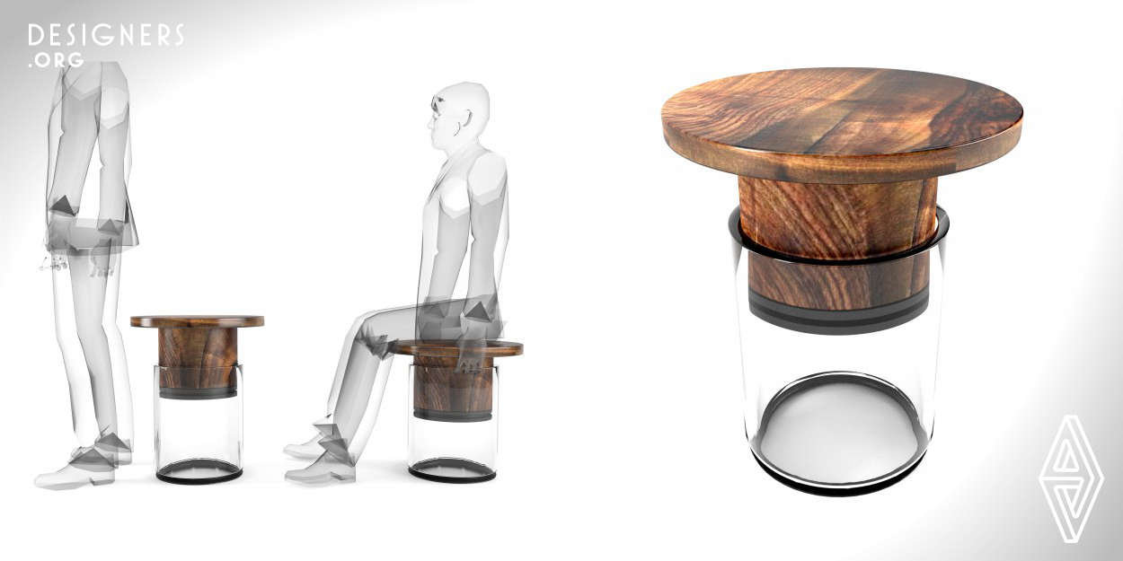The stool works on compression of air. The stool looks as it is floating on air. When they sit the compression of air in the cylinder acts as the cushion. He designed in such a way that the user could get a feel of floating when they take a seat. The design lasts long as there is use of only wood and glass which are rigid.