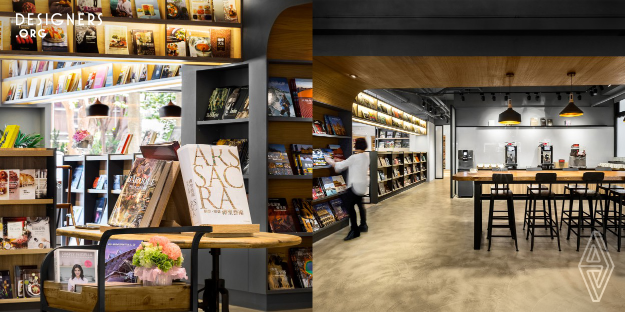 Our rationale of design intention is based on peaceful, explore the combination of bookstore, emerge live house, and cafe. Designers tried to break through the traditional bookstore mode in different ways, in order to make it not just a bookstore and create better atmospheres to the entire spaces. As for space and bookcase, overall tone is dark wood and black-based. Use simple colors highlight the outline of interior, and match with industrial style and simple spirit. The dark woody color of the ceiling and the ground light make simple lines looks visually layered.
