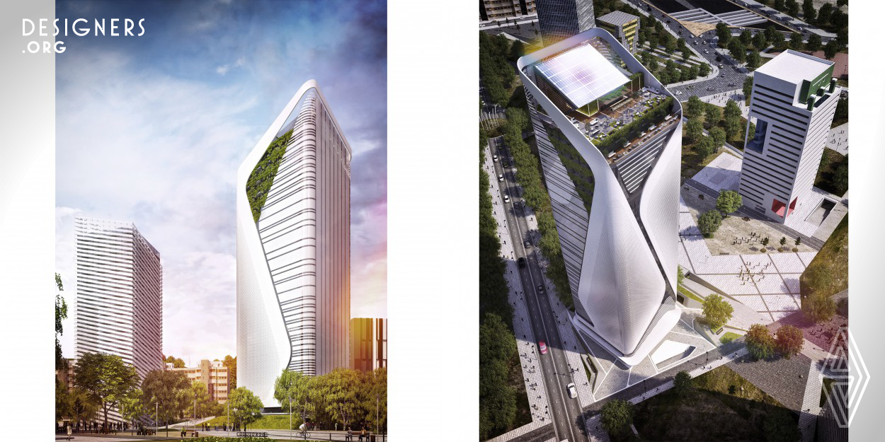 The unique, futuristic design evokes concepts such as innovation and sustainability. It stands with a clean, elegant skin and glass facades that open into vertical gardens on some levels. By integrating vertical gardens alongside solar controlled glass, the facade reduces energy consumption. The diagonal zigzag design in the facade accentuates the verticality of a curved smooth structure while creating a futuristic look.