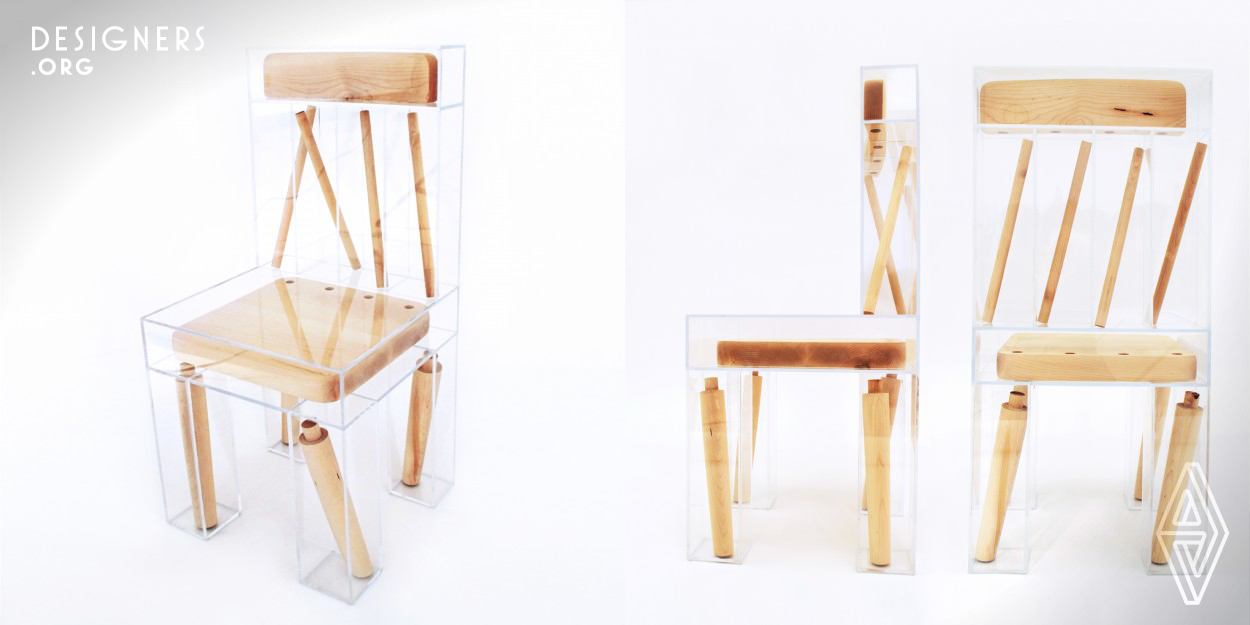 Exploded features a deconstructed wooden chair encased in clear acrylic containers. The parts are loose in their compartments, allowing them to shift when the chair is moved, creating an illusion of movement while staying in place. The chair is structural, but the acrylic provides the support. The project emphasizes both the joinery of its individual parts and the form as a functional whole, embodying a state of both connection and disconnection. The title is a reference to exploded view diagrams.