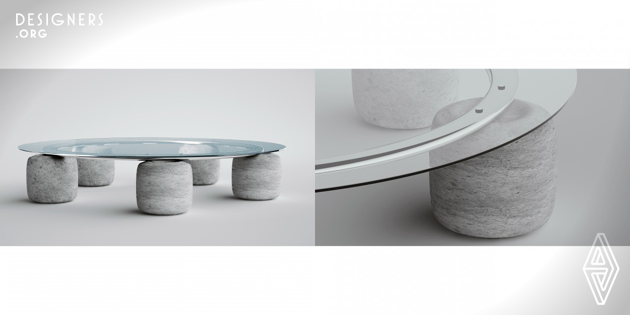 Designer used circular shapes for this coffee table. Columns made by ultra-light concrete that connected with ten screw to a chrome ring. Connections are designed to be easily plugged in and out. The circle shape of the table is to have more movement environment around it and also its transparent glass makes the rooms space seems bigger and lets any detail visible.