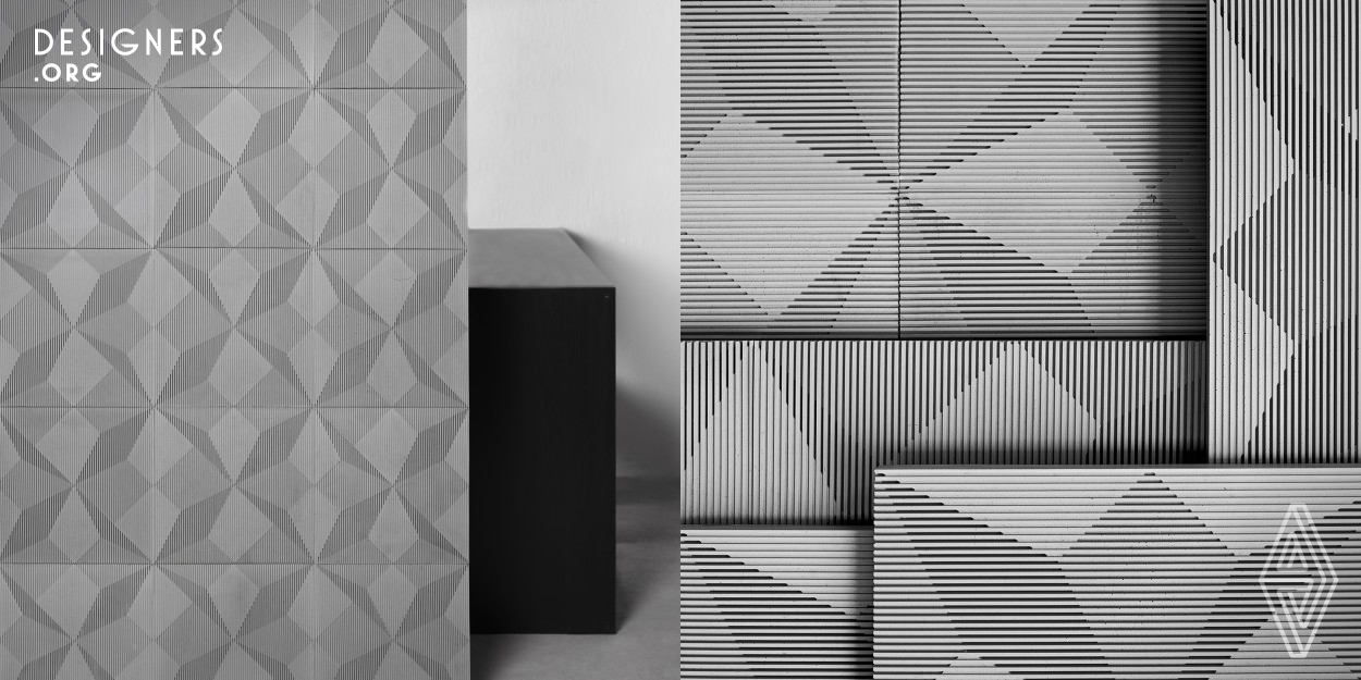Shadow, the 3D concrete wall tile made from recycled ceramic wastes, results in a brilliant efficency of recycling wasted materials. Owing to the principle of light and shadow imaging with incredible formability of cement, the Shadow wall tiles with grooves of different depths displays a visually three-dimensional effect that enhances the extensity and made the room impressive.
