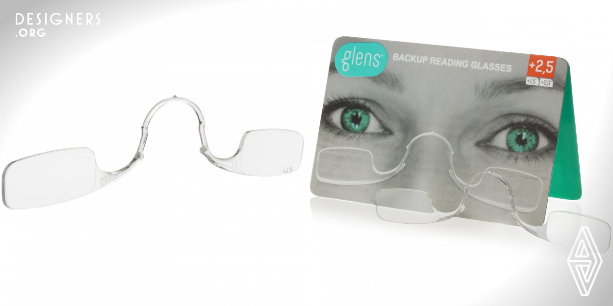 Glens are prefabricated spare pair of glasses for near sight. They are manufacture from high-quality copolyester and weigh less than 1 gram. Their dimension are 78mm x 21mm x 1mm which is smaller than a credit card size therefore they can be easily carried. They lie well on the nose in almost any position, special pads protect from unpleasant pressure or slipping. Three small knobs on the bridge of the nose assure good grip and provide easy position adjustment.