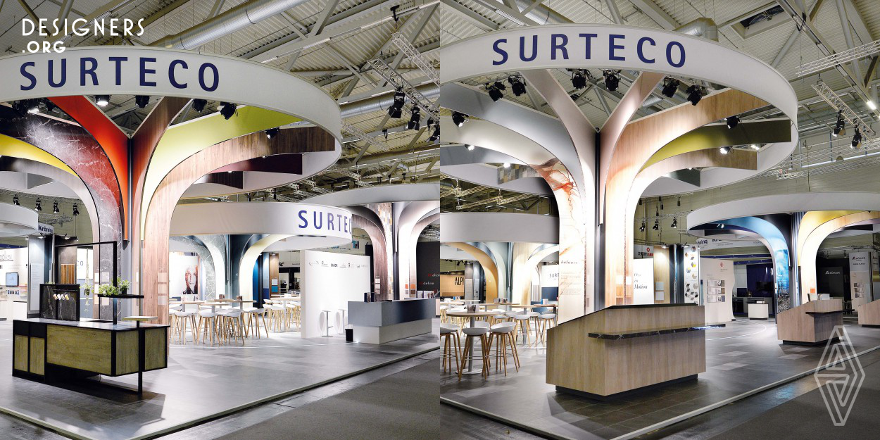 The strength of SURTECO was presented with an imposing architecture at interzum 2017. The aim was not simply to present areas of expertise. We wanted to bring them to life in a tangible experience and inspire aspirations. The Inspiration: A fanned-out book, which stands for openness and offers new content on each page. An expanded stand was built with trees reaching 5 metres into the vertical space unfolded the imposing diversity of the product range. Visitors embarked on a transformation between opportunities, a voyage of motion. In keeping with the promise of this year: “ONE in Motion".